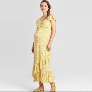 Nwt Isabel Maternity Stretch Floral Print Ruffled Maxi Dress SZ XL Yellow